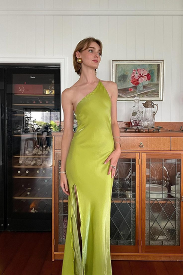 Niulatu Green Sheath One Shoulder Long Party Prom Dress With Slit Backless Evening Dress HZ1007